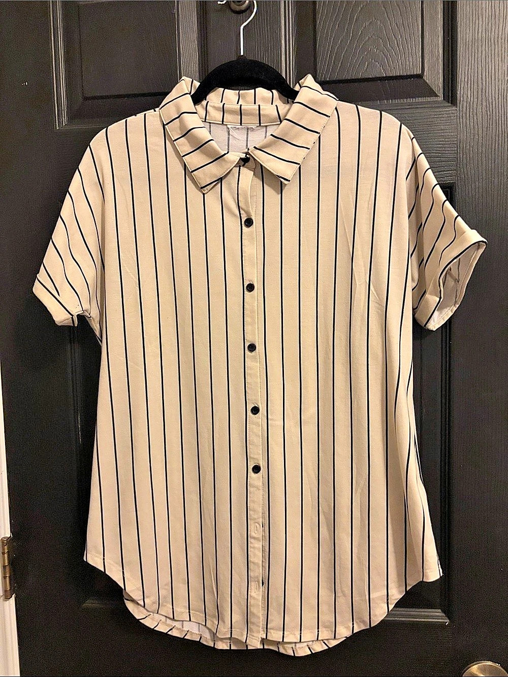 LuLaRoe Amy Button-Up Top Striped Beige & Black Medium